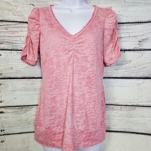 Maurices M Pink Burnout Puff Sleeve Button Front Tee Lightweight Stretch